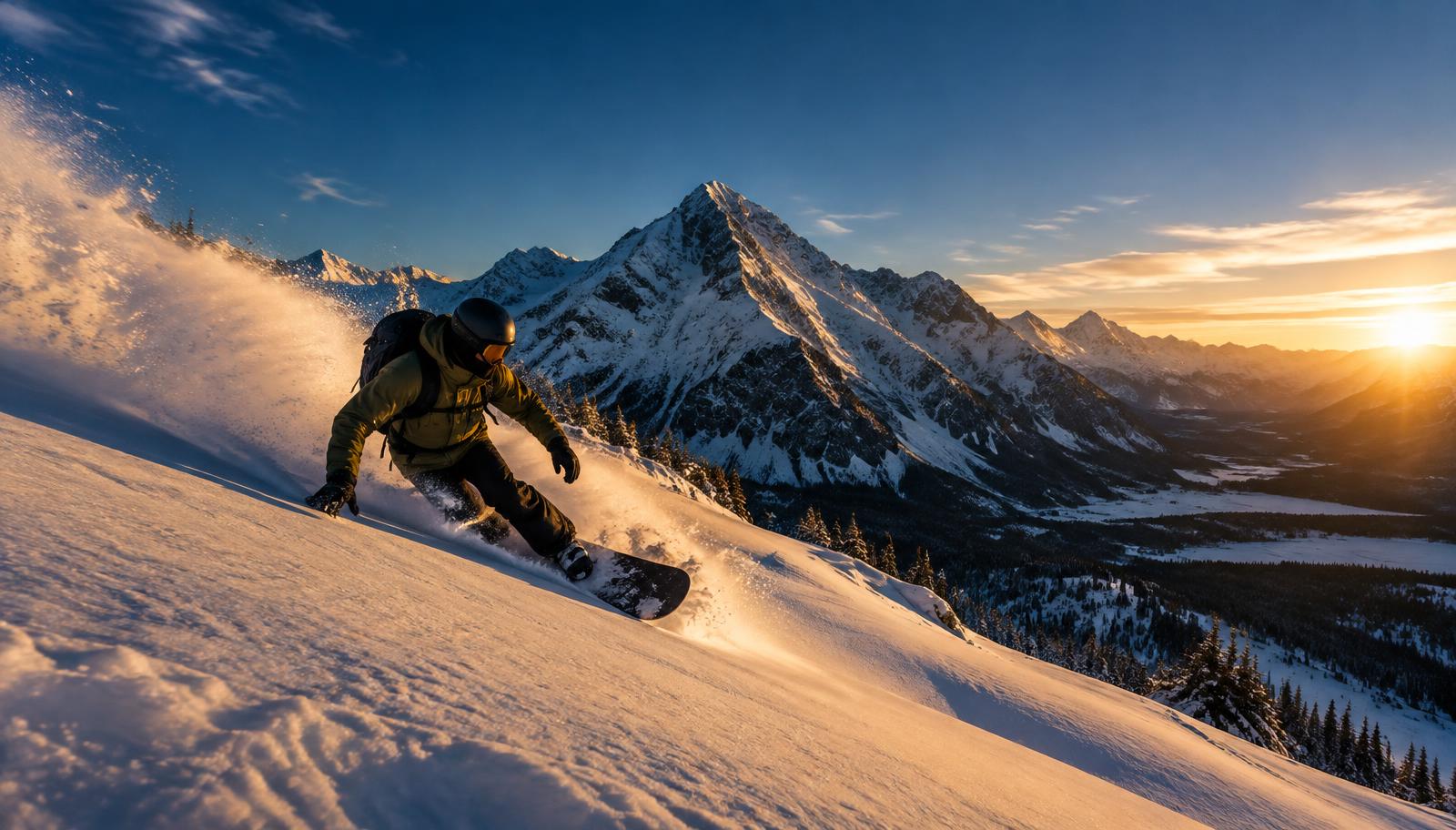 Snowboarder carving powder at sunset in the high alpine